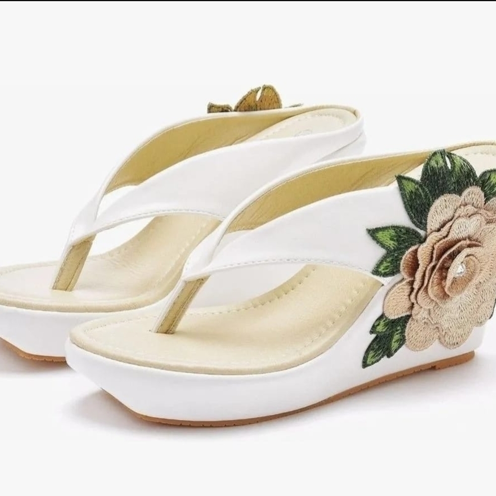 White Floral Embroidered Wedge Sandals